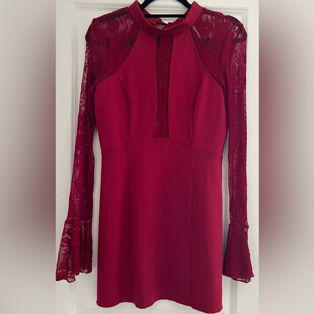 Free People Berry Red It’s Now or Never Ponte Lace Mini Ruffled Dress Size M